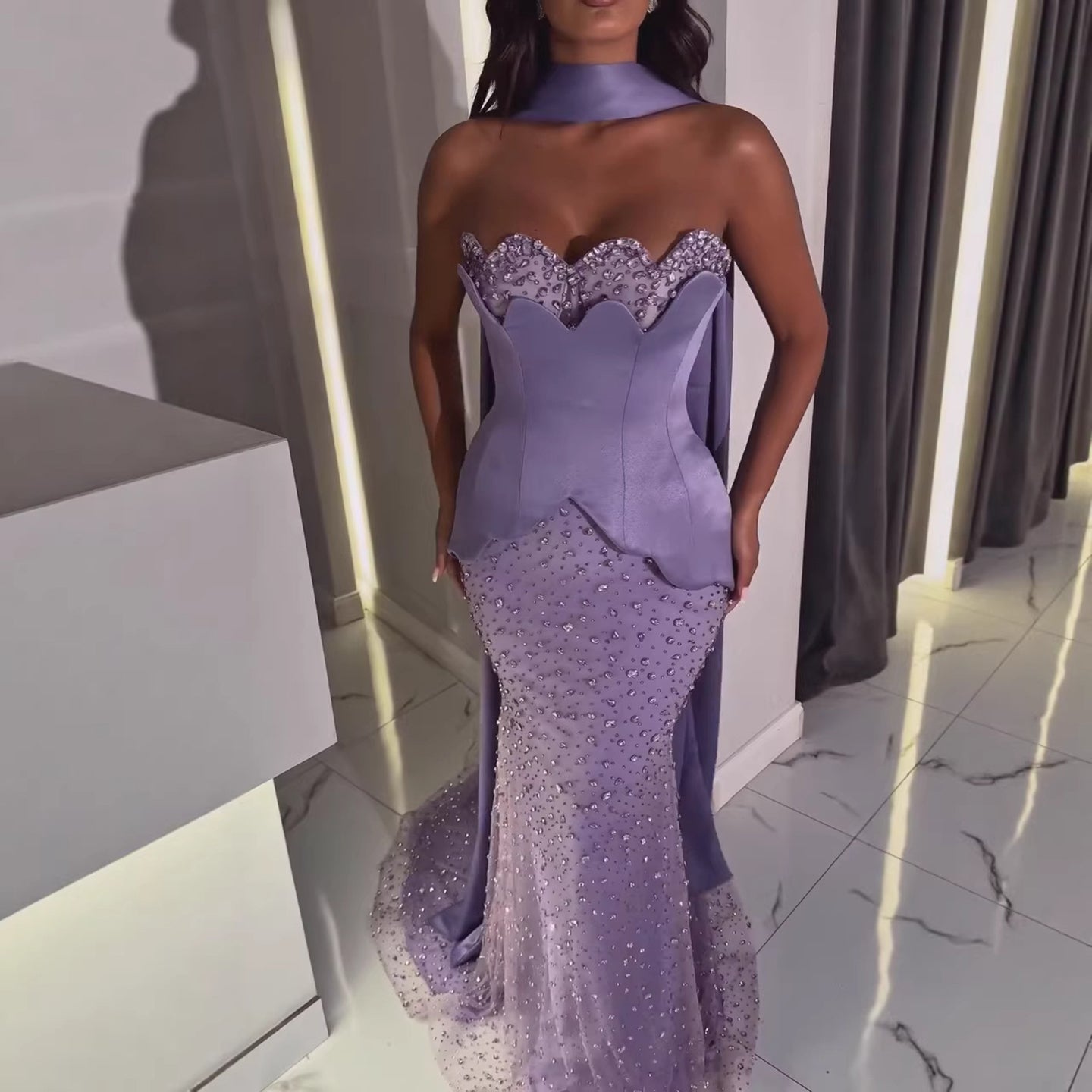 Luxury Purple Strapless Corset Beaded Evening Dress With Scarf LA73525