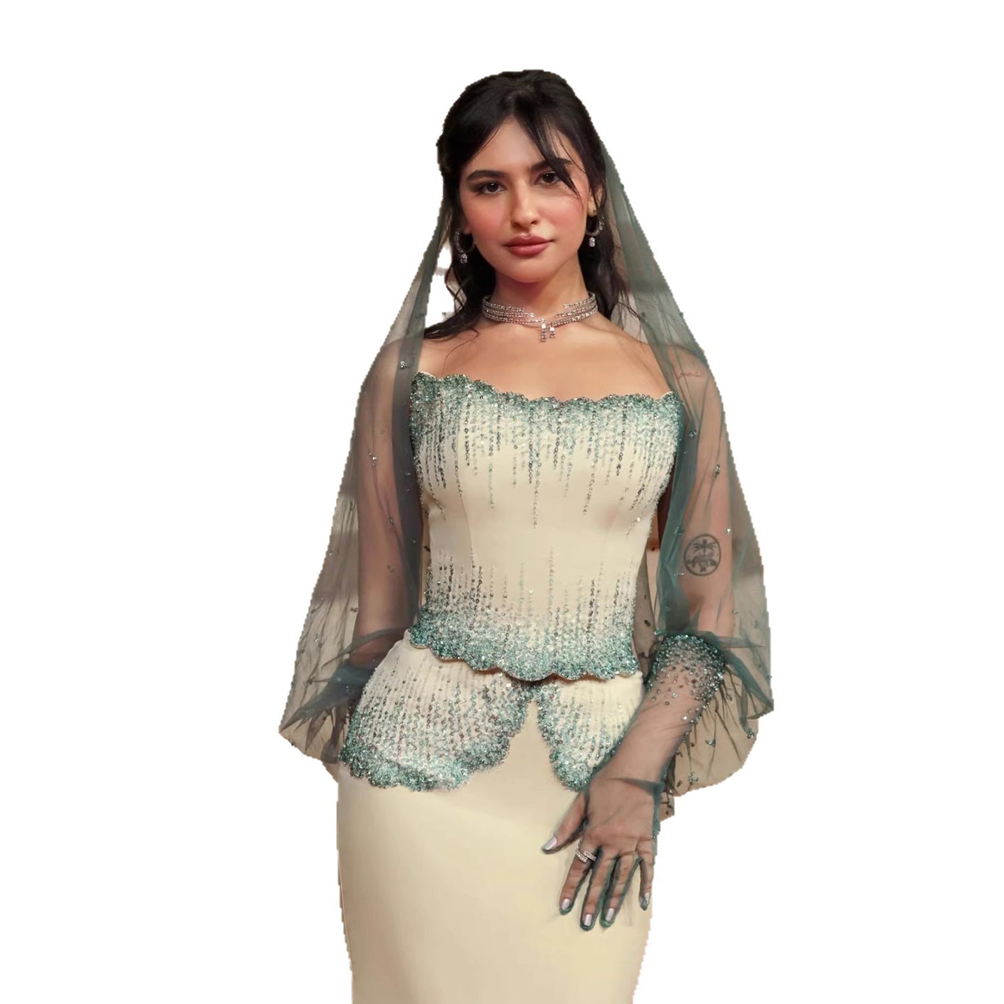 Luxury Green Beige Strapless Elegant Beaded Evening Dress With Gloves LA73526