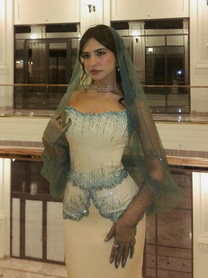 Luxury Green Beige Strapless Elegant Beaded Evening Dress With Gloves LA73526
