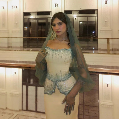 Luxury Green Beige Strapless Elegant Beaded Evening Dress With Gloves LA73526