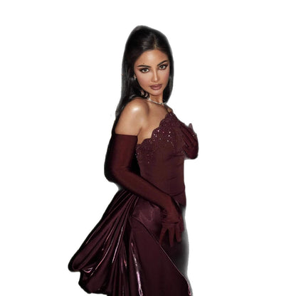 Luxury Wine Red Strapless Beaded Evening Dress With Skirt With Gloves LA73528 - SERENE  HILL