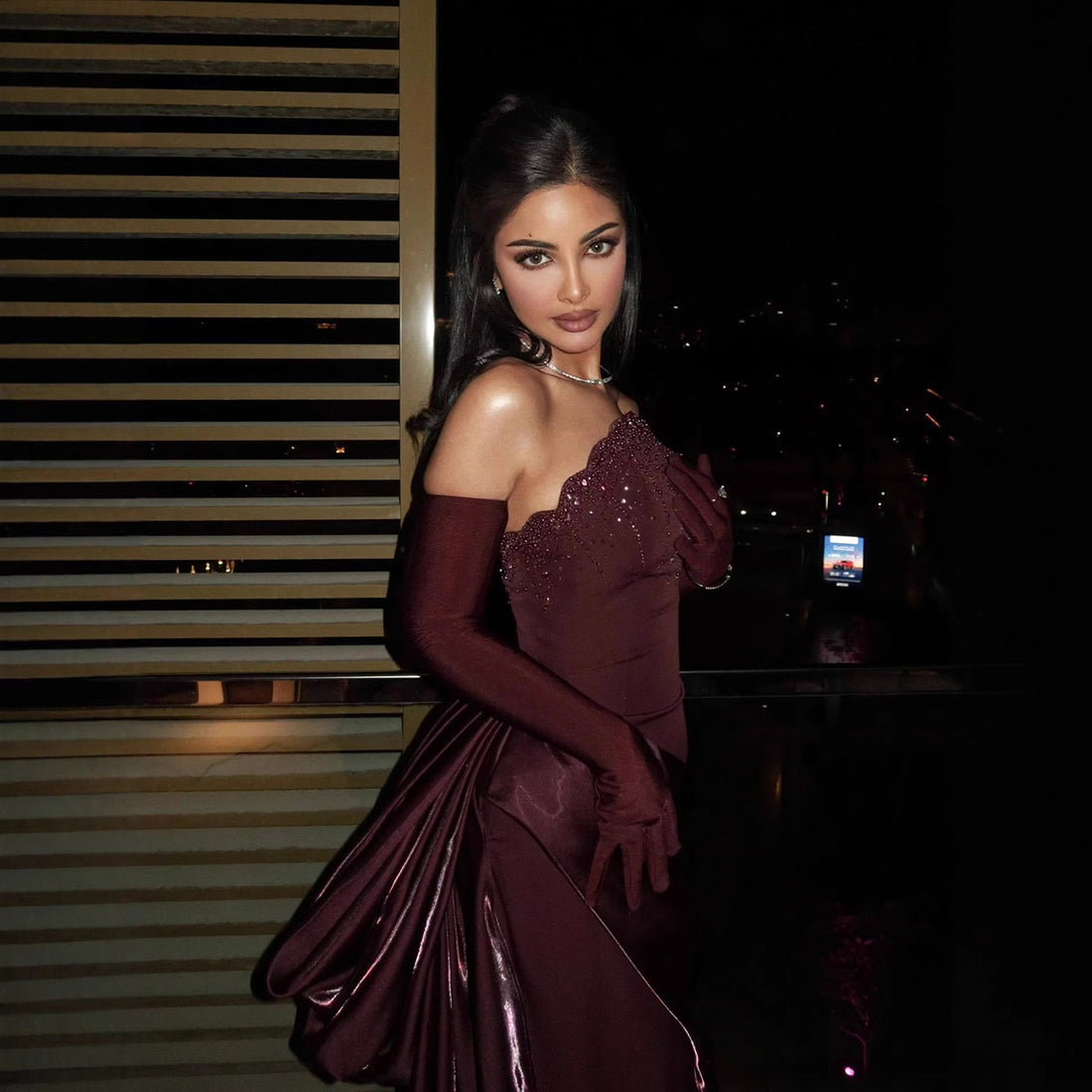 Luxury Wine Red Strapless Beaded Evening Dress With Skirt With Gloves LA73528 - SERENE  HILL