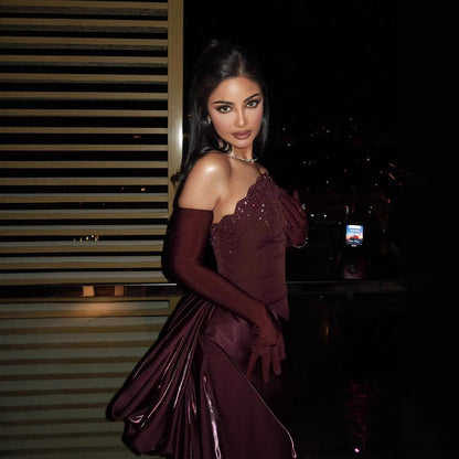 Luxury Wine Red Strapless Beaded Evening Dress With Skirt With Gloves LA73528 - SERENE  HILL