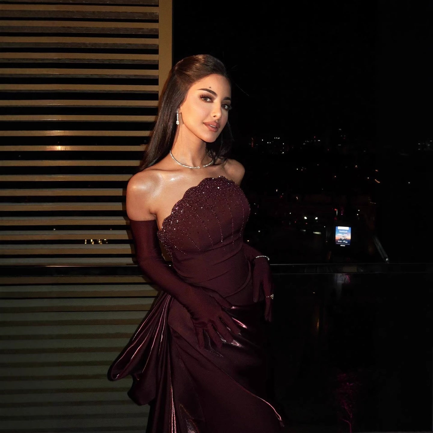 Luxury Wine Red Strapless Beaded Evening Dress With Skirt With Gloves LA73528 - SERENE  HILL