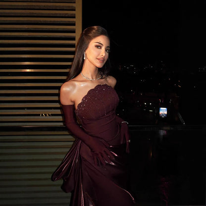 Luxury Wine Red Strapless Beaded Evening Dress With Skirt With Gloves LA73528 - SERENE  HILL