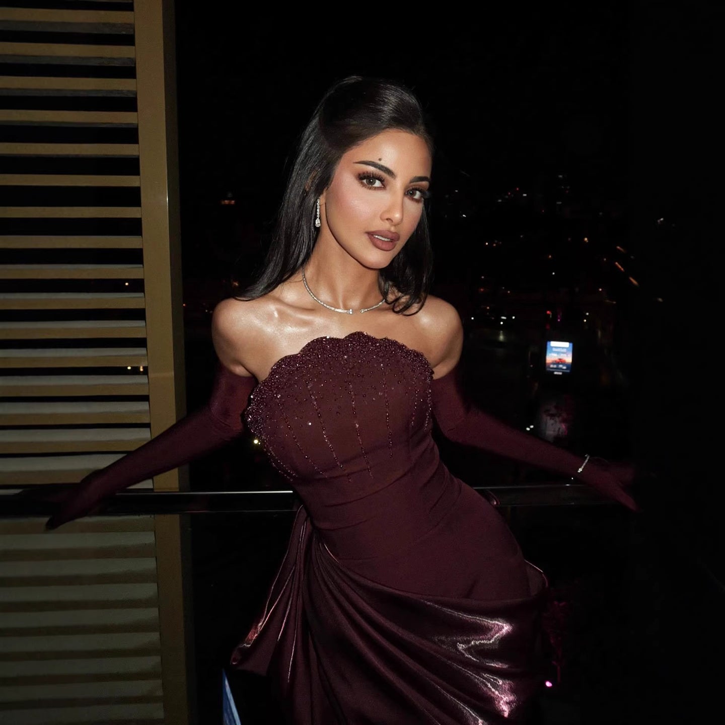 Luxury Wine Red Strapless Beaded Evening Dress With Skirt With Gloves LA73528 - SERENE  HILL