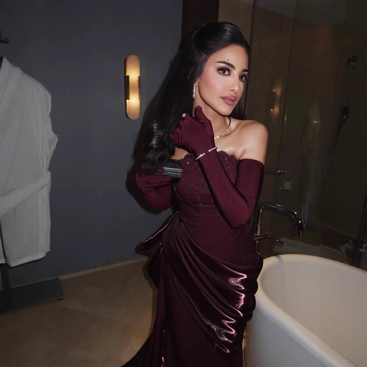 Luxury Wine Red Strapless Beaded Evening Dress With Skirt With Gloves LA73528 - SERENE  HILL