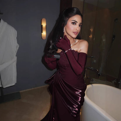 Luxury Wine Red Strapless Beaded Evening Dress With Skirt With Gloves LA73528 - SERENE  HILL