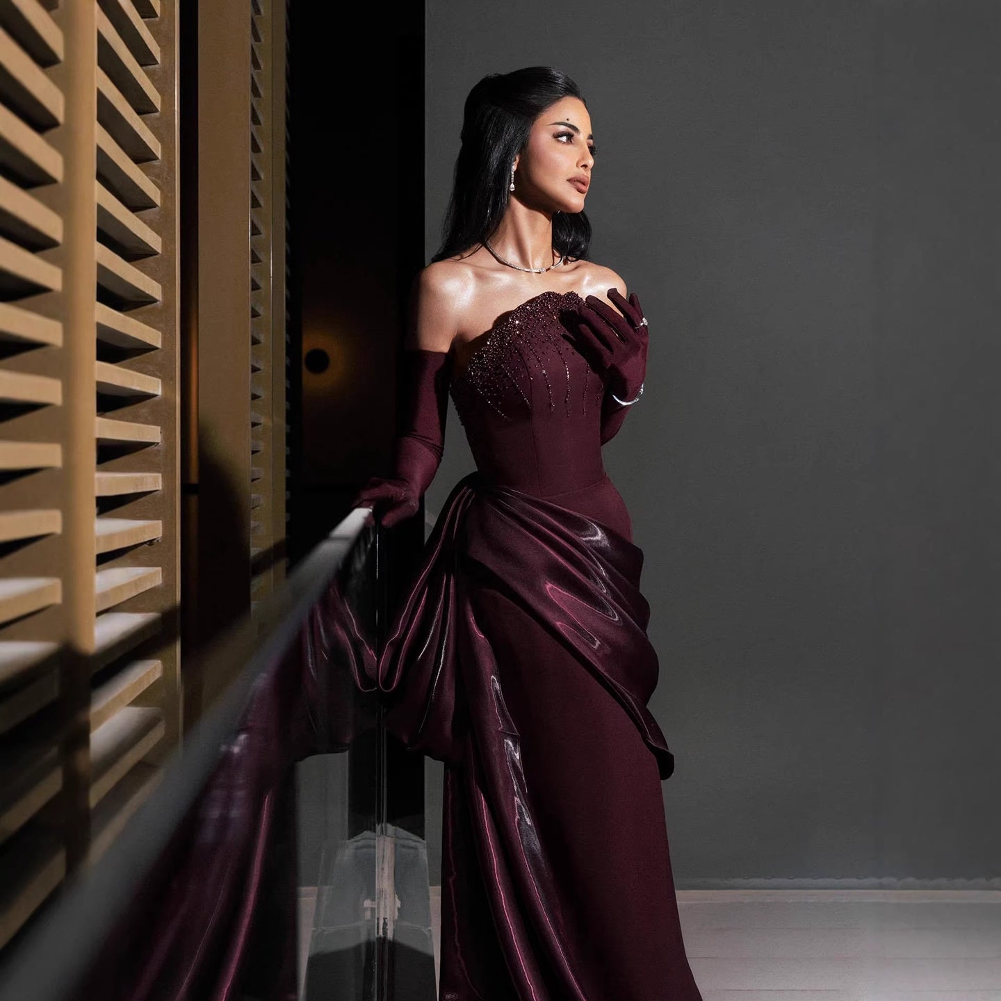Luxury Wine Red Strapless Beaded Evening Dress With Skirt With Gloves LA73528 - SERENE  HILL