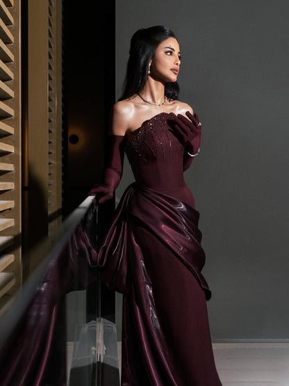 Luxury Wine Red Strapless Beaded Evening Dress With Skirt With Gloves LA73528 - SERENE  HILL