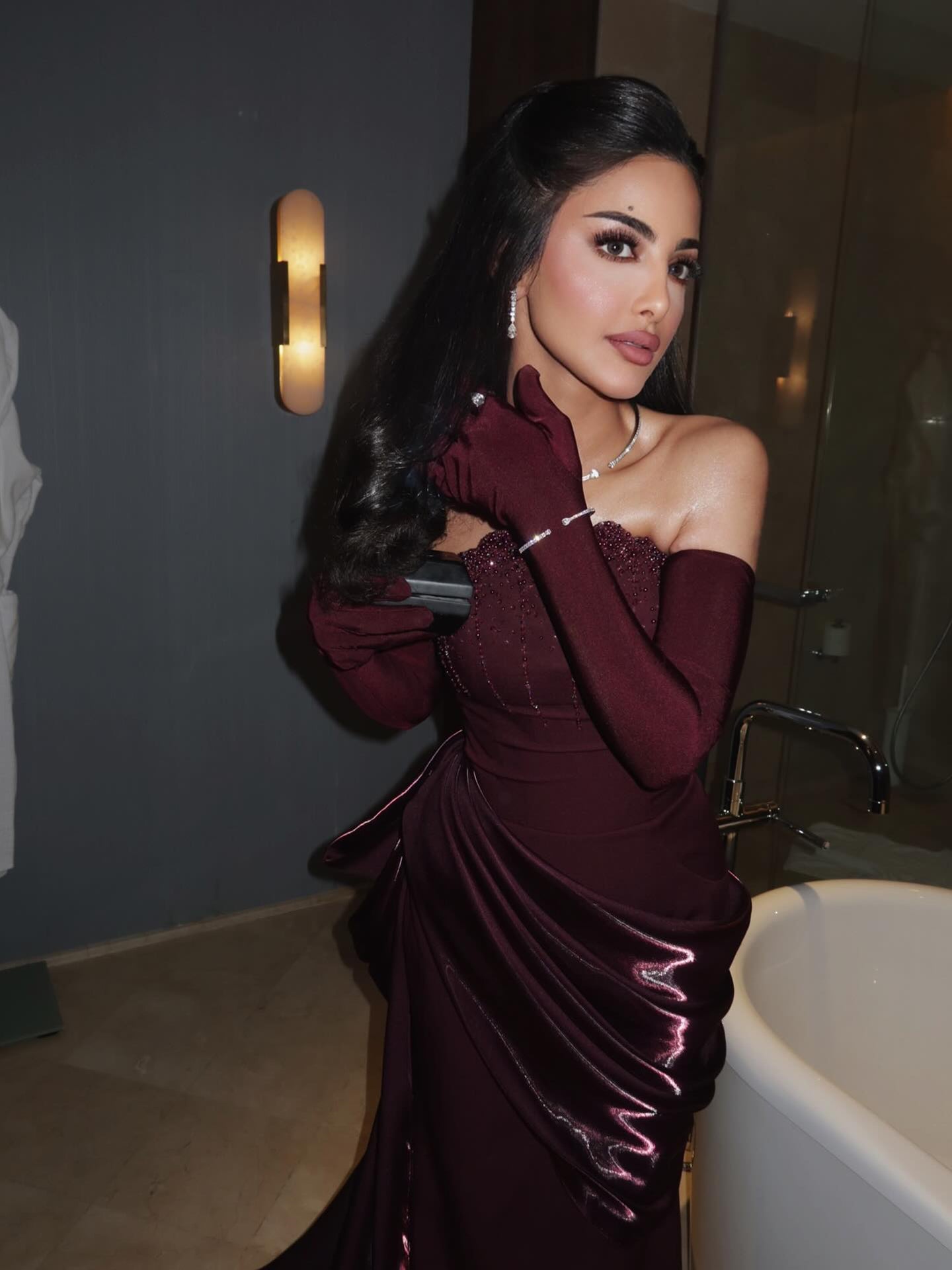 Luxury Wine Red Strapless Beaded Evening Dress With Skirt With Gloves LA73528 - SERENE  HILL