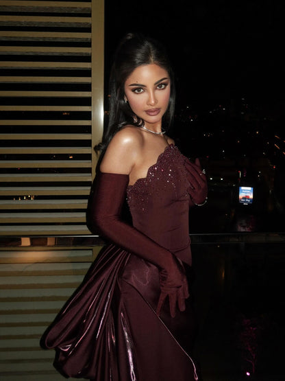 Luxury Wine Red Strapless Beaded Evening Dress With Skirt With Gloves LA73528 - SERENE  HILL