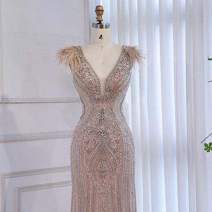 Luxury Caramel Beaded Feather Mermaid Evening Dress LA73529