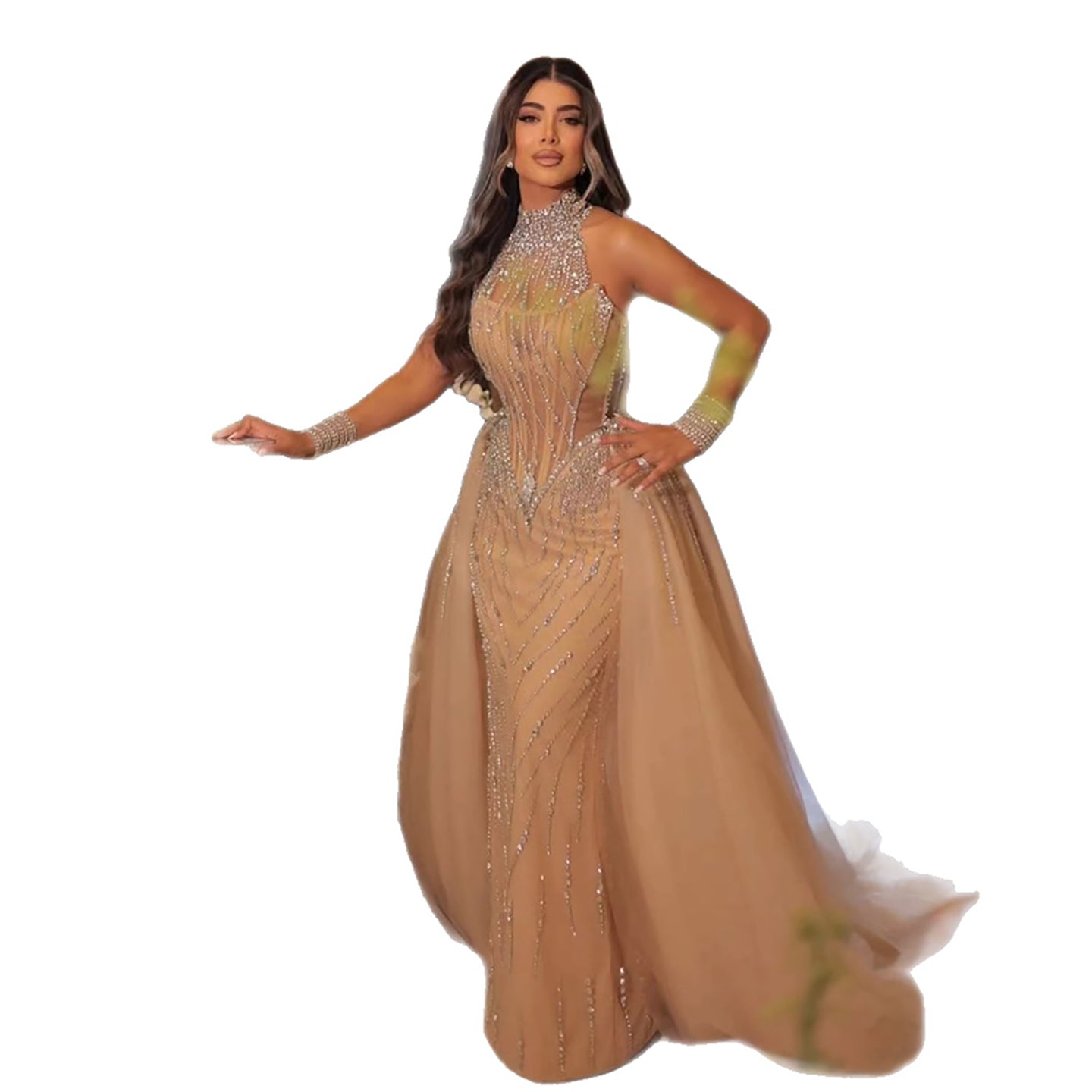 Luxury Nude Crystal Beaded Halter Neck Mermaid Evening Dress with Tulle Overskirt LA73530 - SERENE  HILL