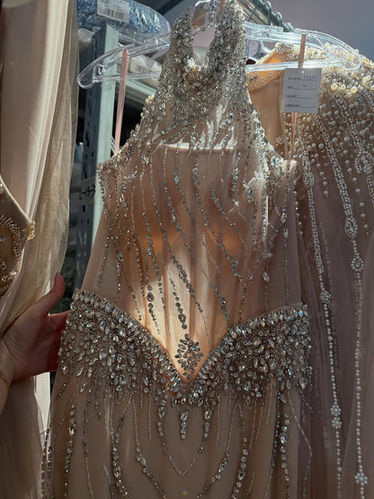 Luxury Nude Crystal Beaded Halter Neck Mermaid Evening Dress with Tulle Overskirt LA73530 SERENE HILL
