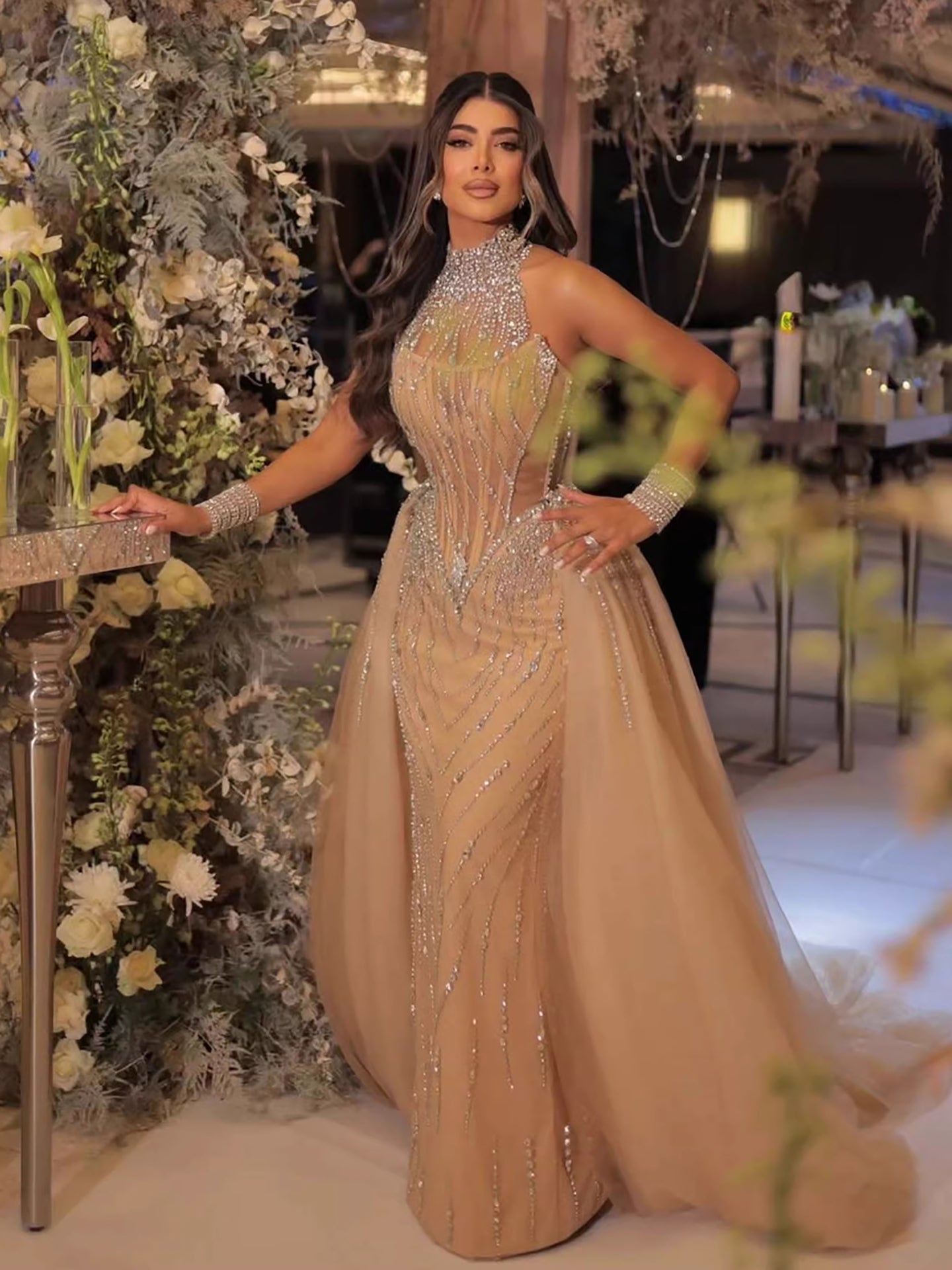 Luxury Nude Crystal Beaded Halter Neck Mermaid Evening Dress with Tulle Overskirt LA73530 - SERENE  HILL