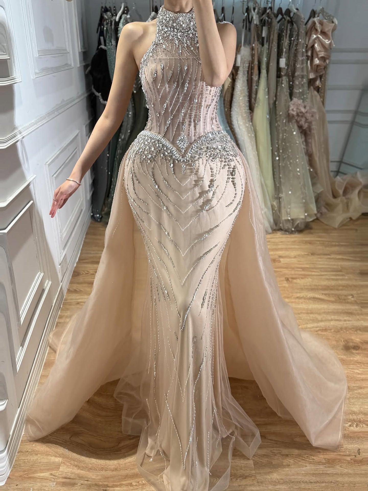 Luxury Nude Crystal Beaded Halter Neck Mermaid Evening Dress with Tulle Overskirt LA73530 SERENE HILL
