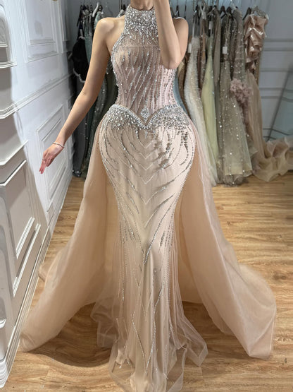Luxury Nude Crystal Beaded Halter Neck Mermaid Evening Dress with Tulle Overskirt LA73530 SERENE HILL