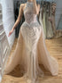 Luxury Nude Crystal Beaded Halter Neck Mermaid Evening Dress with Tulle Overskirt LA73530 SERENE HILL