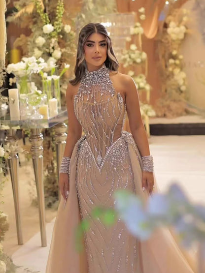 Luxury Nude Crystal Beaded Halter Neck Mermaid Evening Dress with Tulle Overskirt LA73530 - SERENE  HILL
