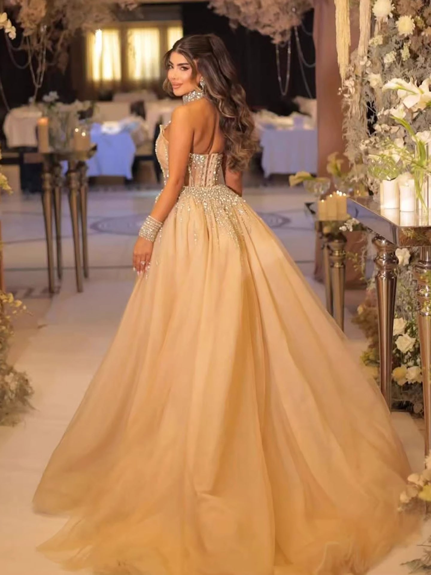 Luxury Nude Crystal Beaded Halter Neck Mermaid Evening Dress with Tulle Overskirt LA73530 - SERENE  HILL