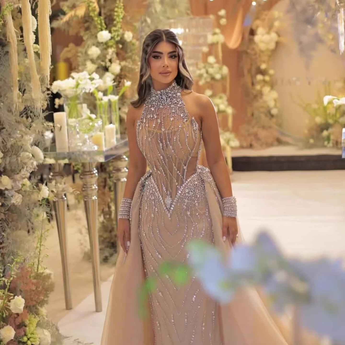 luxury halter neck dresses Luxury Nude Crystal Beaded Mermaid Evening Dress with Tulle Overskirt  LA73530