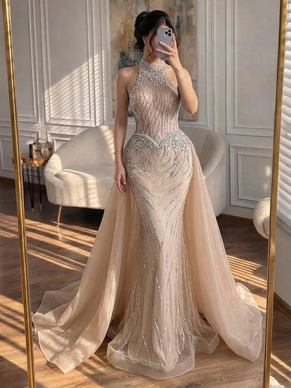 Luxury Nude Crystal Beaded Halter Neck Mermaid Evening Dress with Tulle Overskirt LA73530 SERENE HILL