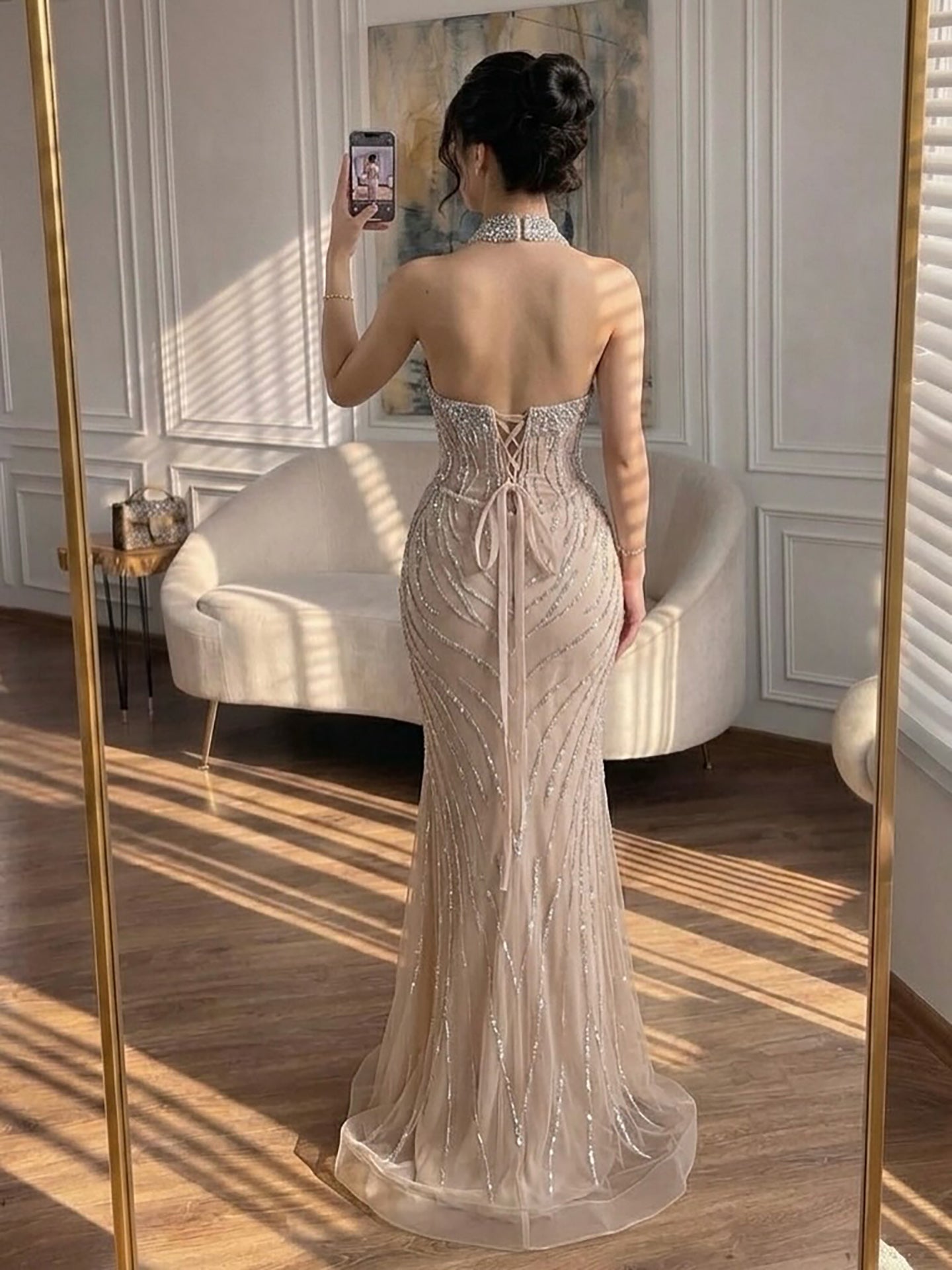 Luxury Nude Crystal Beaded Halter Neck Mermaid Evening Dress with Tulle Overskirt LA73530 SERENE HILL