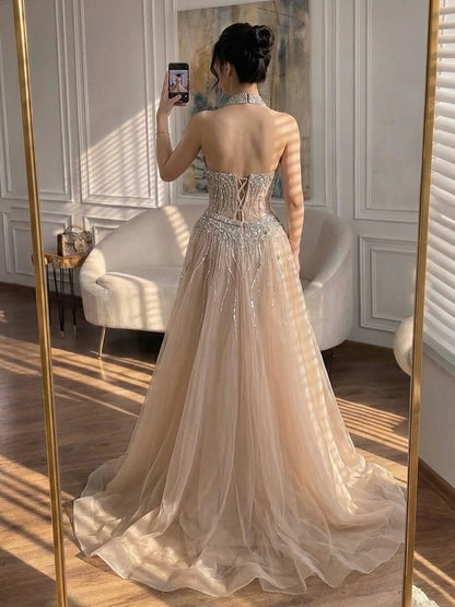 Luxury Nude Crystal Beaded Halter Neck Mermaid Evening Dress with Tulle Overskirt LA73530 SERENE HILL