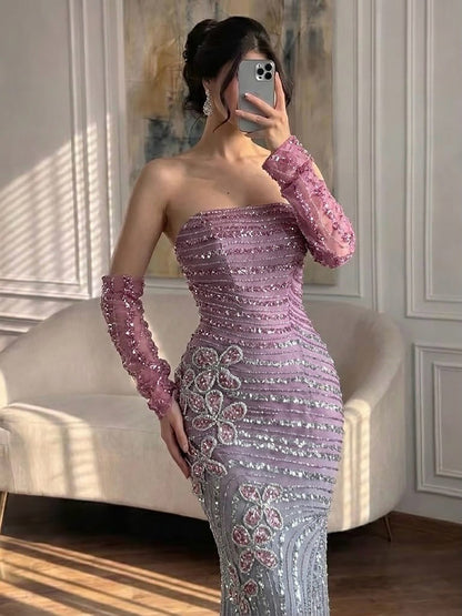 Luxury Pink Gradient Beaded Mermaid Evening Dress LA73532 SERENE HILL