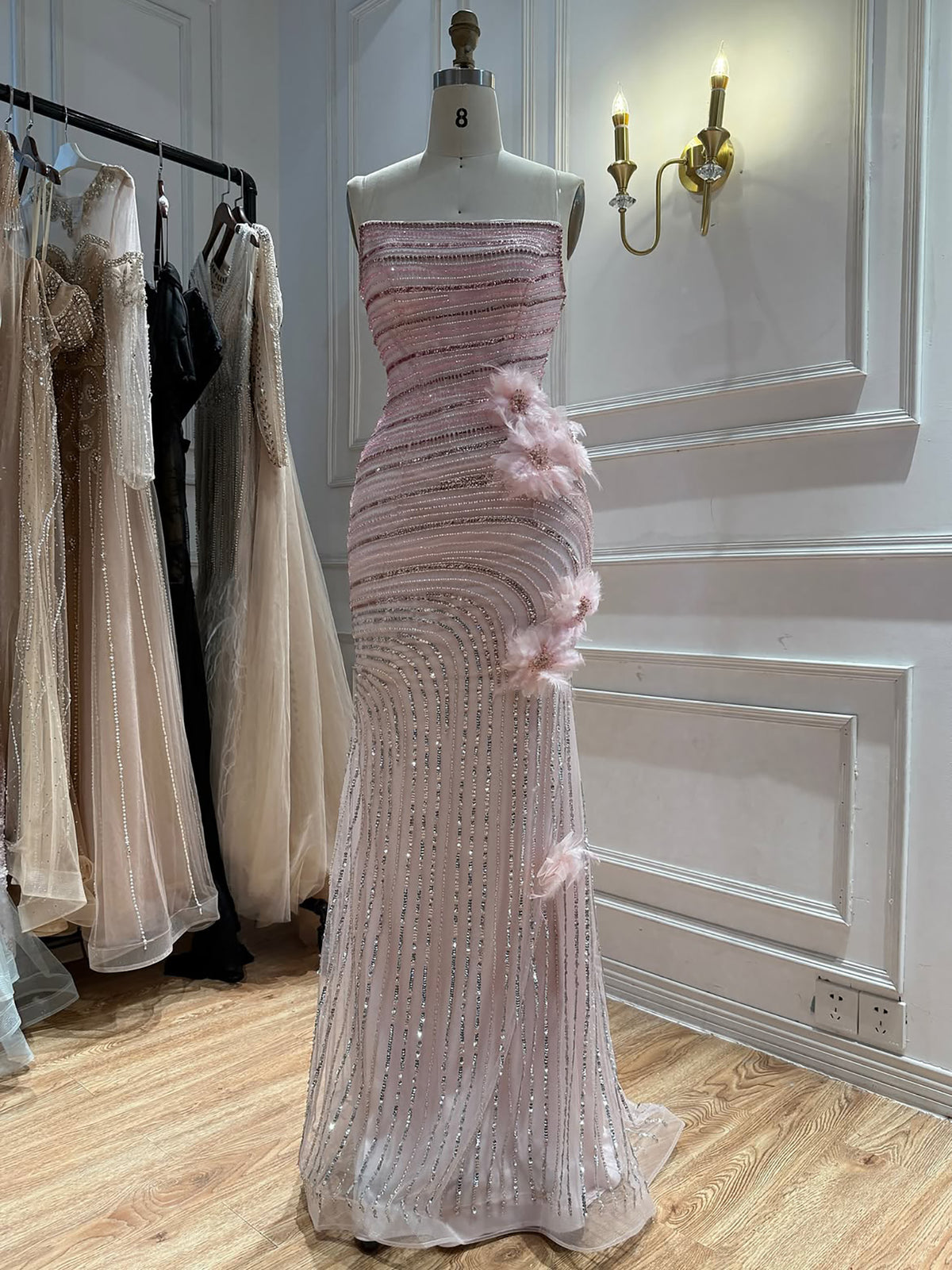 Pink Beaded 3D Floral Strapless Mermaid Evening Dress LA73532A