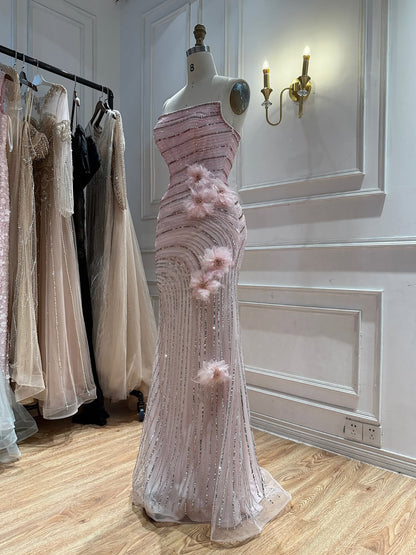 Pink Beaded 3D Floral Strapless Mermaid Evening Dress LA73532A