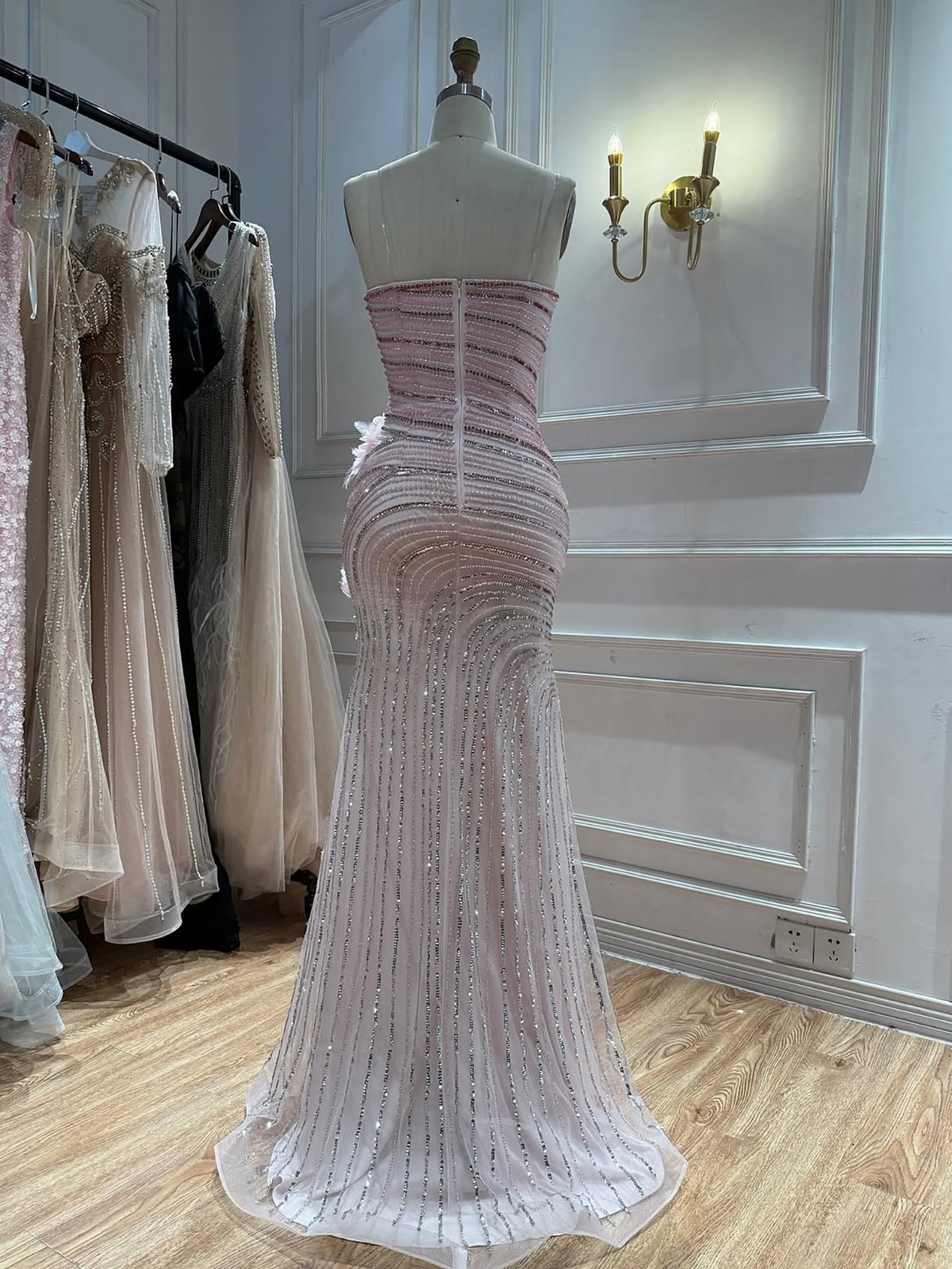 Pink Beaded 3D Floral Strapless Mermaid Evening Dress LA73532A