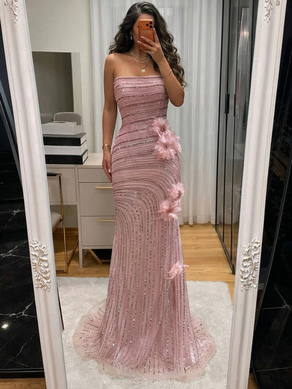 Pink Beaded 3D Floral Strapless Mermaid Evening Dress LA73532A