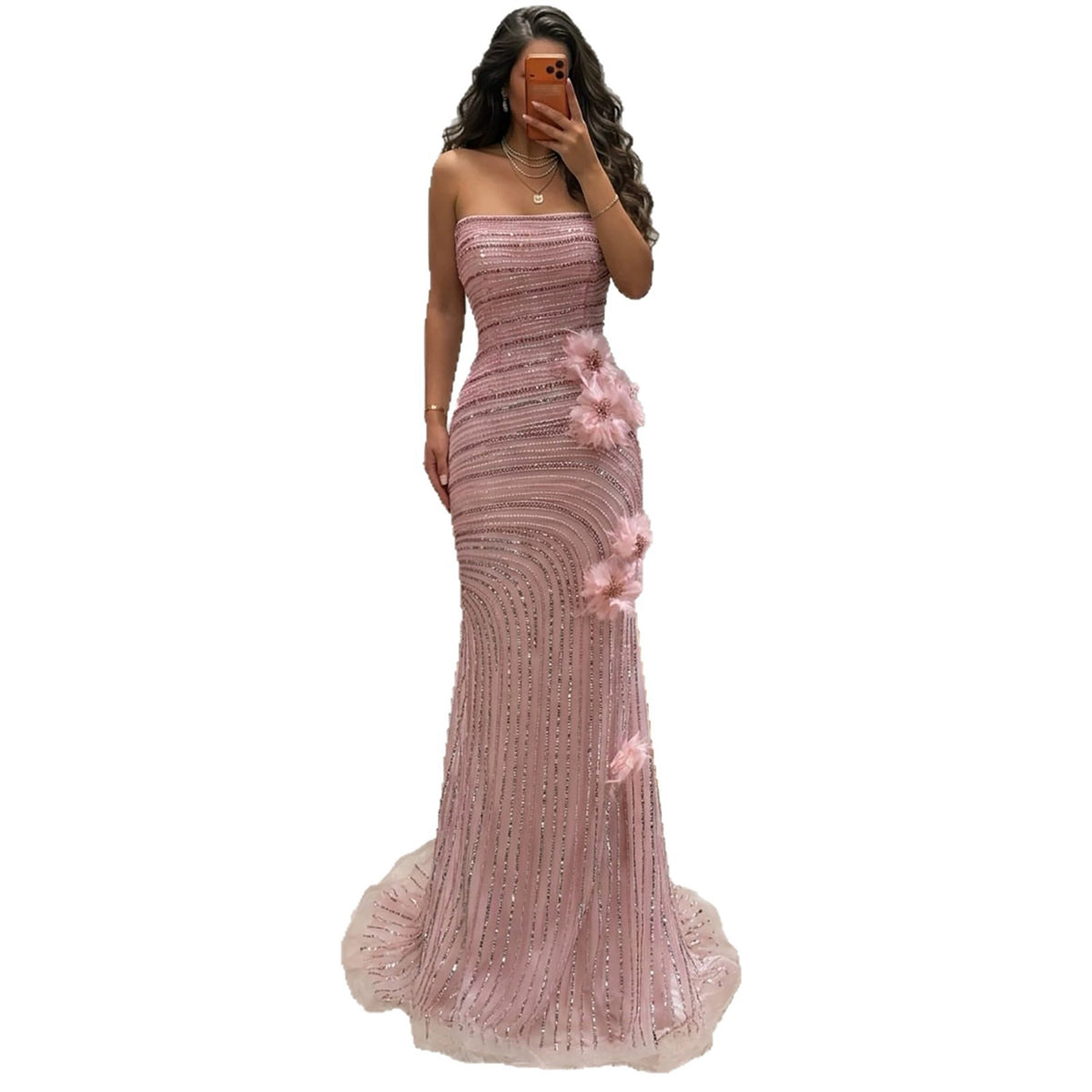 Pink Beaded 3D Floral Strapless Mermaid Evening Dress LA73532A