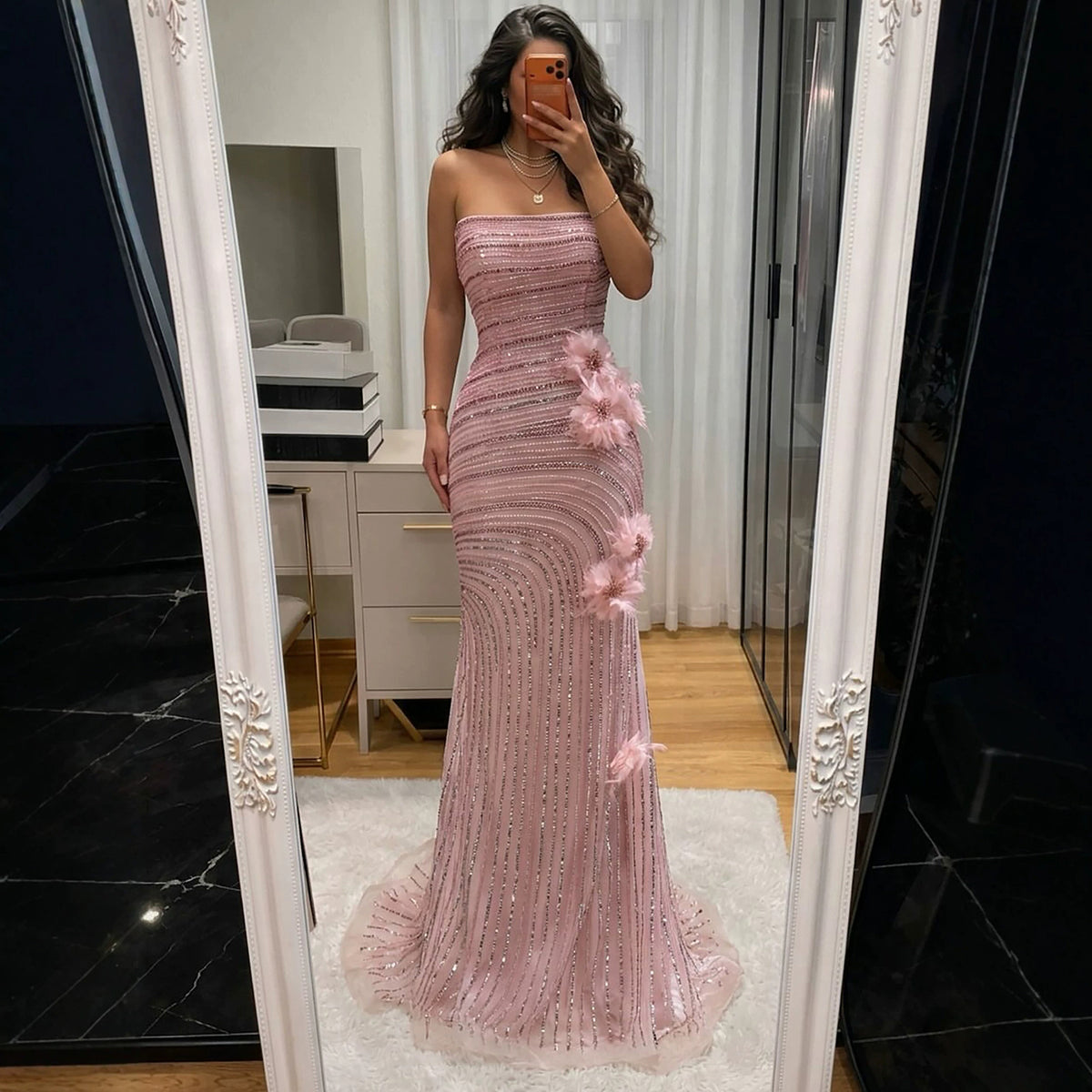 Pink Beaded 3D Floral Strapless Mermaid Evening Dress LA73532A