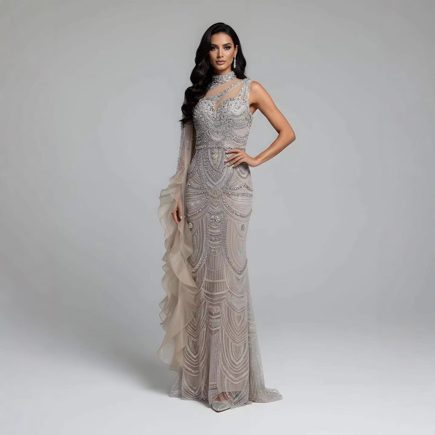 Luxury Nude Crystal One Shoulder Beaded Mermaid Evening Dress LA73533 - SERENE  HILL