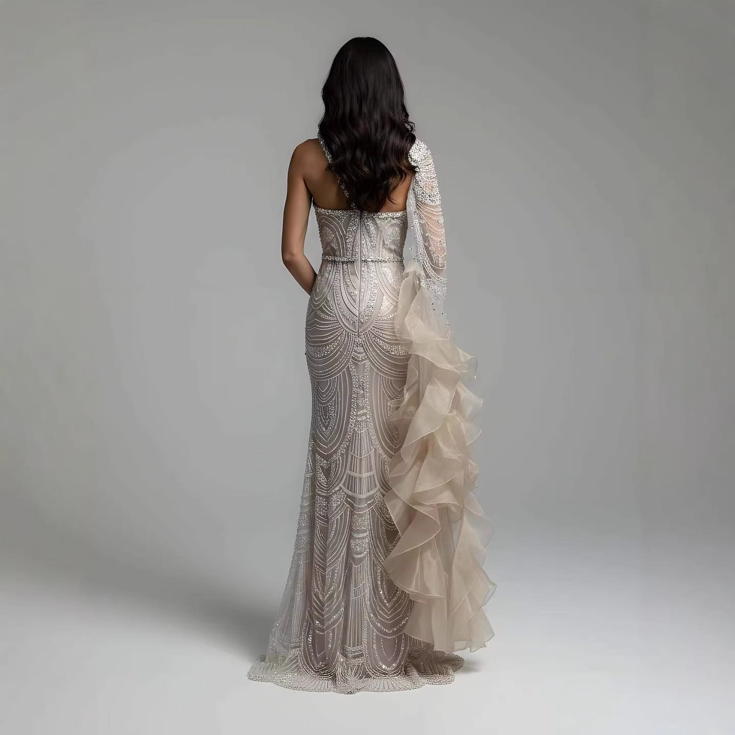 Luxury Nude Crystal One Shoulder Beaded Mermaid Evening Dress LA73533 - SERENE  HILL