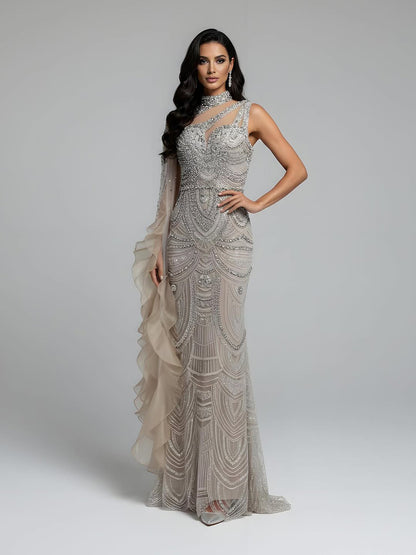 Luxury Nude Crystal One Shoulder Beaded Mermaid Evening Dress LA73533 - SERENE  HILL
