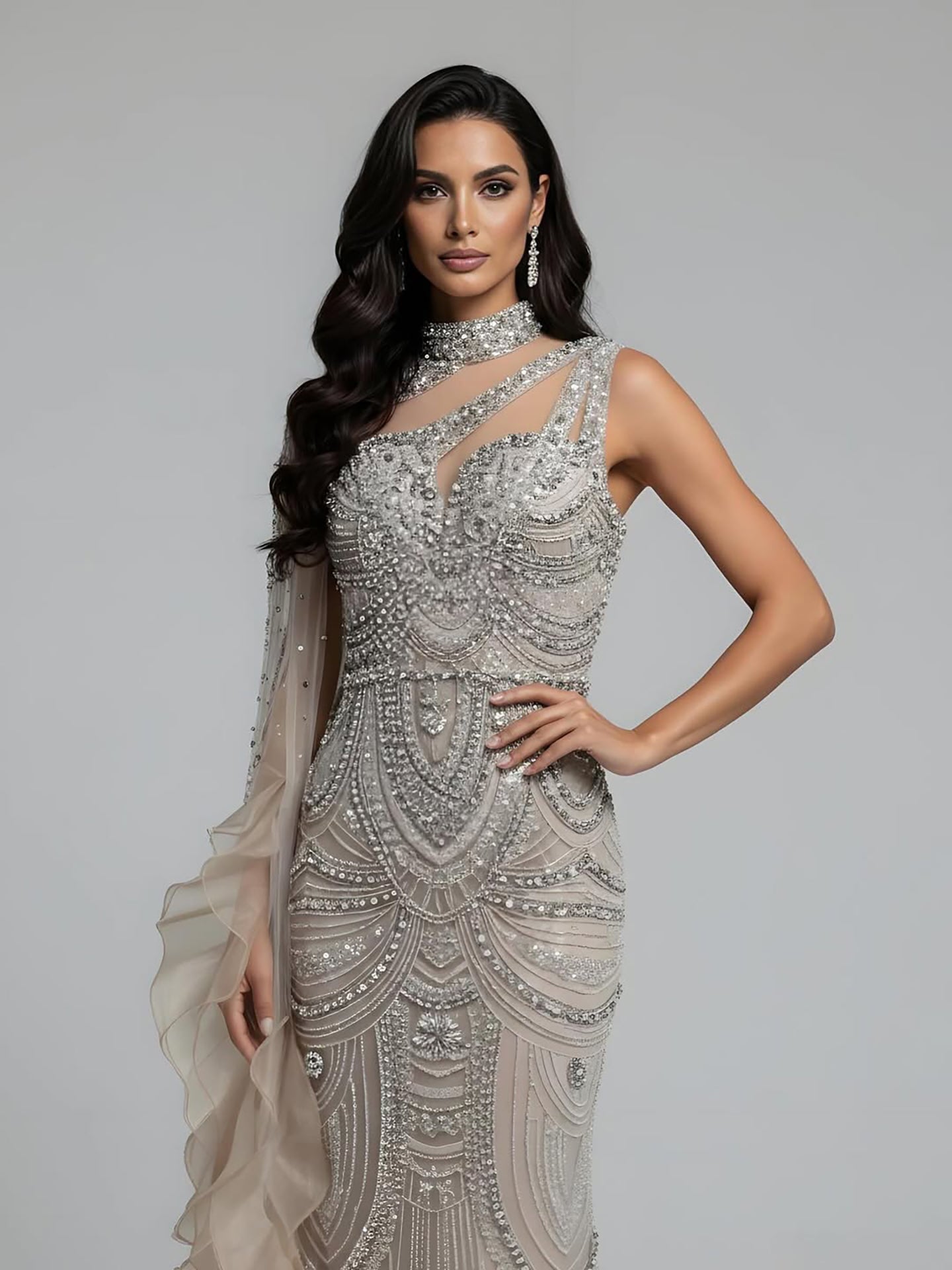 Luxury Nude Crystal One Shoulder Beaded Mermaid Evening Dress LA73533 - SERENE  HILL