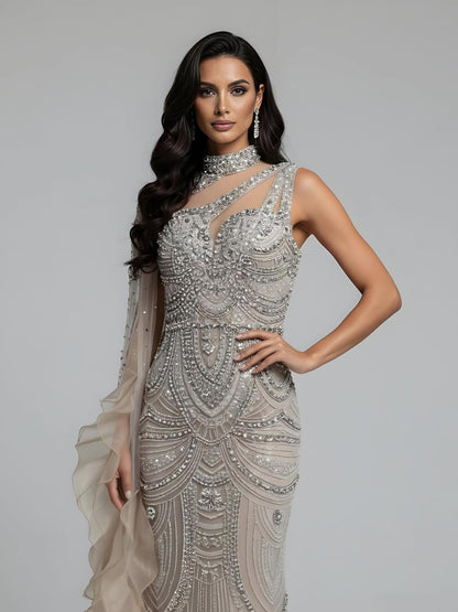 Luxury Nude Crystal One Shoulder Beaded Mermaid Evening Dress LA73533 - SERENE  HILL