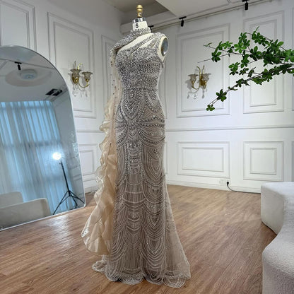 Luxury Nude Crystal One Shoulder Beaded Mermaid Evening Dress LA73533 - SERENE  HILL