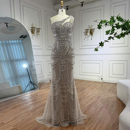 Luxury Nude Crystal One Shoulder Beaded Mermaid Evening Dress LA73533 - SERENE  HILL
