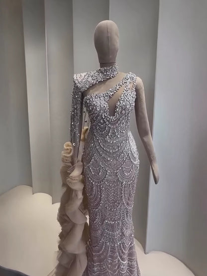 Luxury Nude Crystal One Shoulder Beaded Mermaid Evening Dress LA73533 - SERENE  HILL