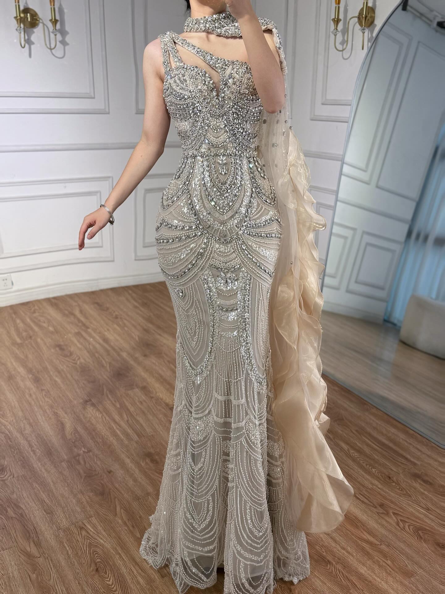 Luxury Nude Crystal One Shoulder Beaded Mermaid Evening Dress LA73533 - SERENE  HILL