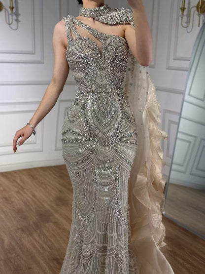 Luxury Nude Crystal One Shoulder Beaded Mermaid Evening Dress LA73533 - SERENE  HILL