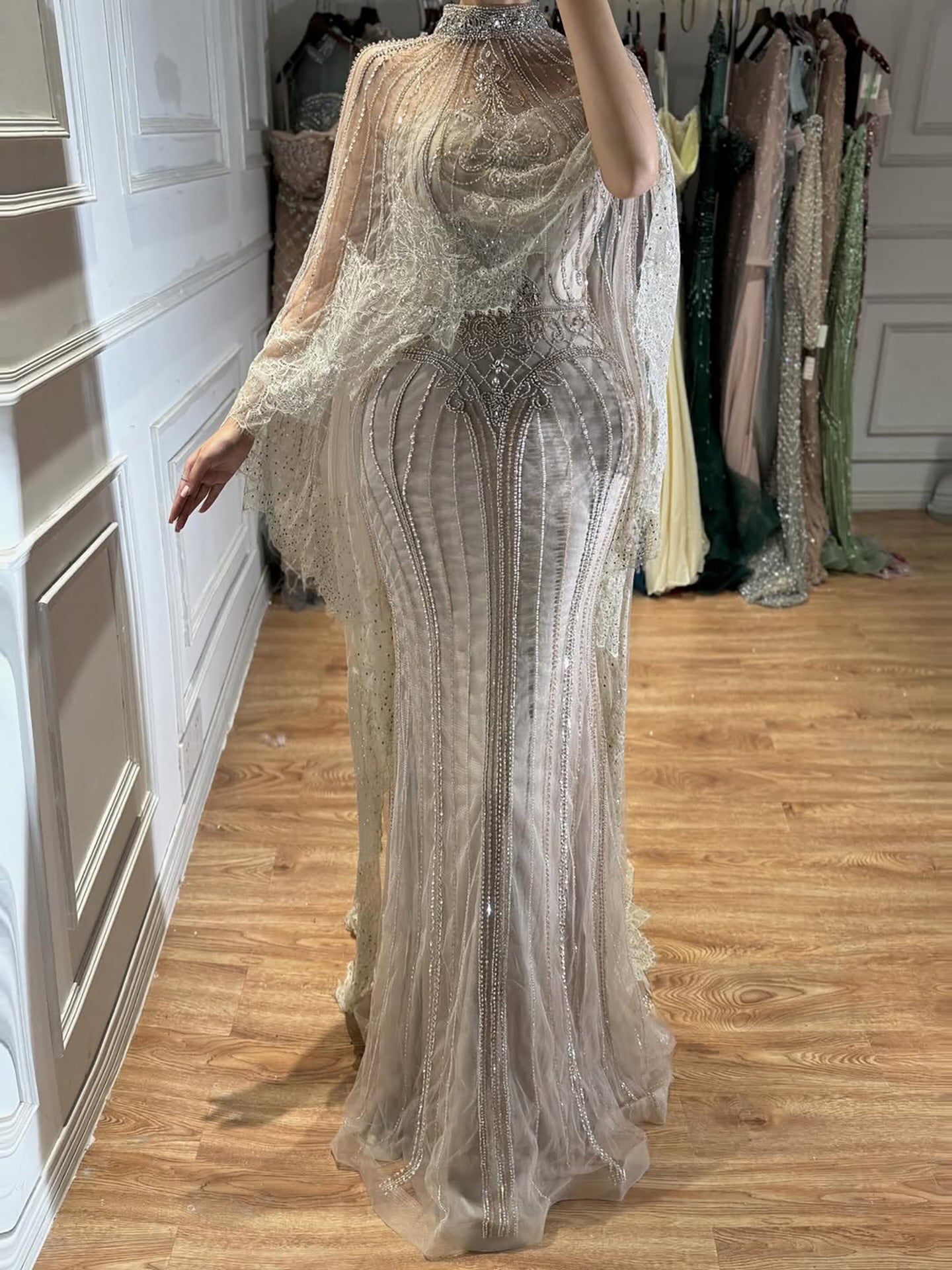 Luxury Nude Crystal Beaded High Neck Evening Dress with Long Cape LA73534 SERENE HILL