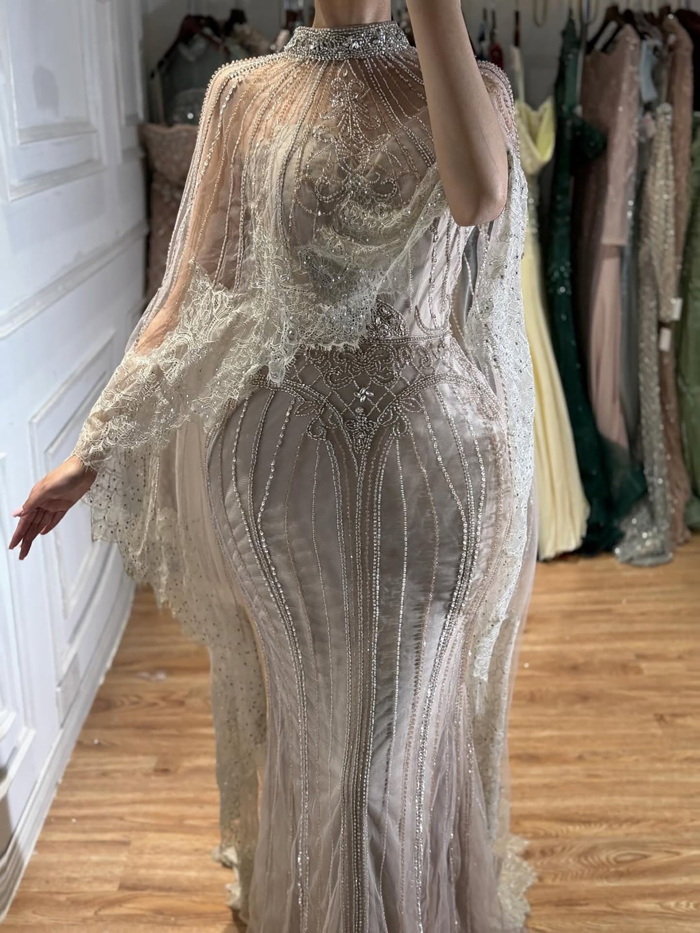 Luxury Nude Crystal Beaded High Neck Evening Dress with Long Cape LA73534 SERENE HILL