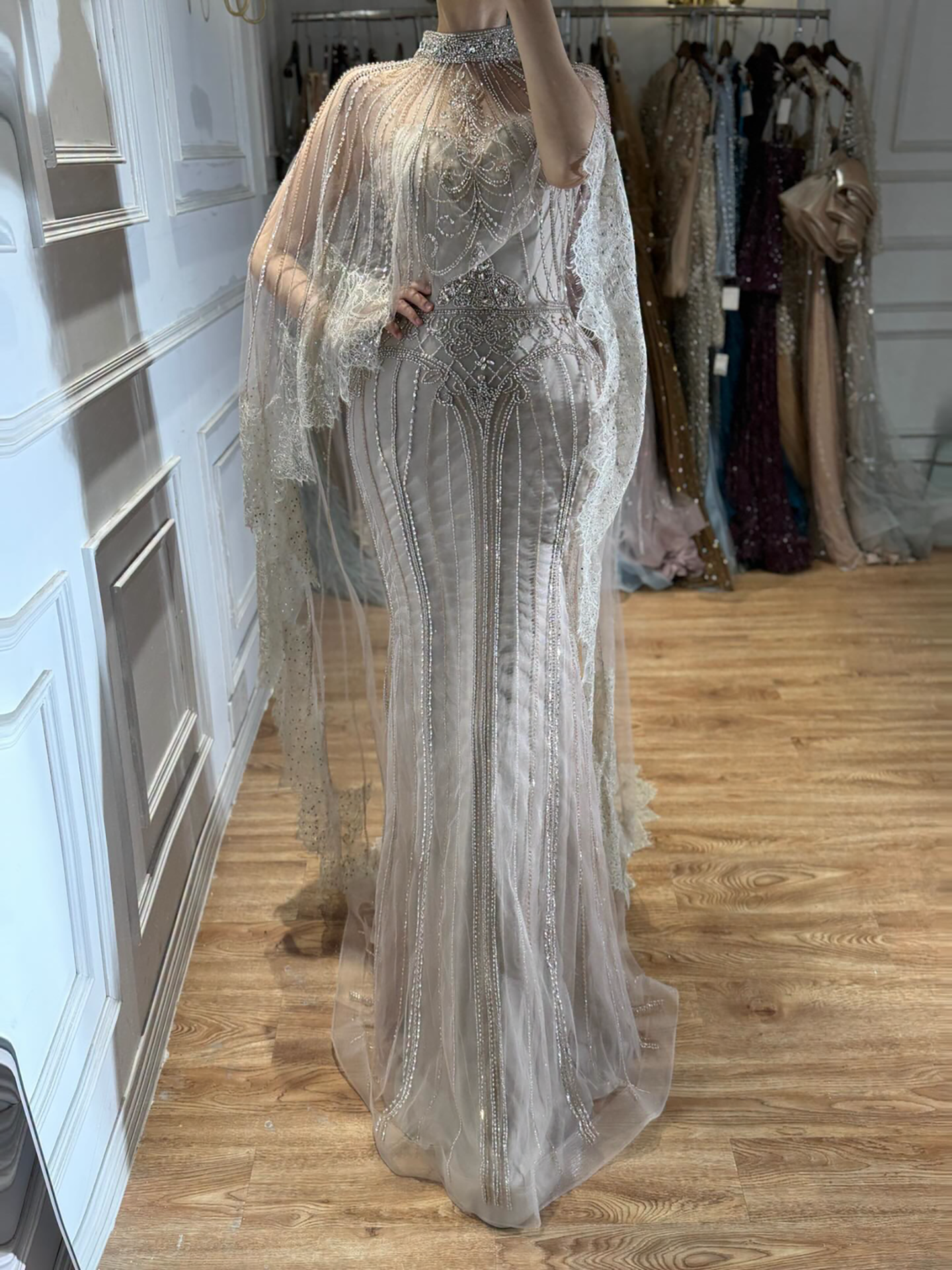 Luxury Nude Crystal Beaded Evening Dress with Long Cape LA73534 Nude / 6