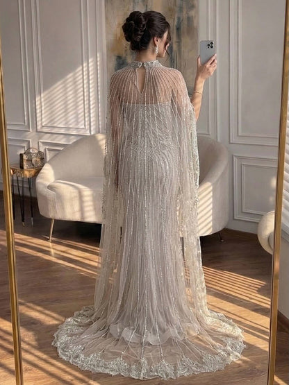 Luxury Nude Crystal Beaded High Neck Evening Dress with Long Cape LA73534 SERENE HILL